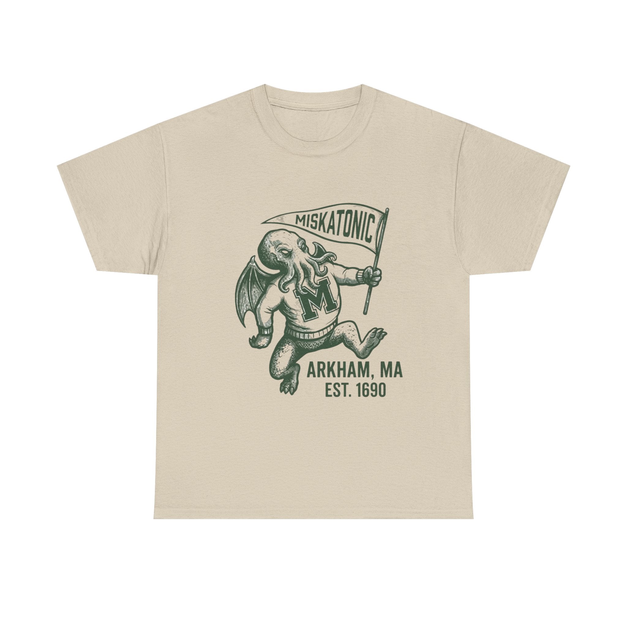 Cthulhu Collegiate Tee — "Miskatonic, Arkham, MA Est. 1690" Vintage Monster Shirt